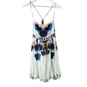 Free People White Floral Slip Dress with Blue and Brown Accents